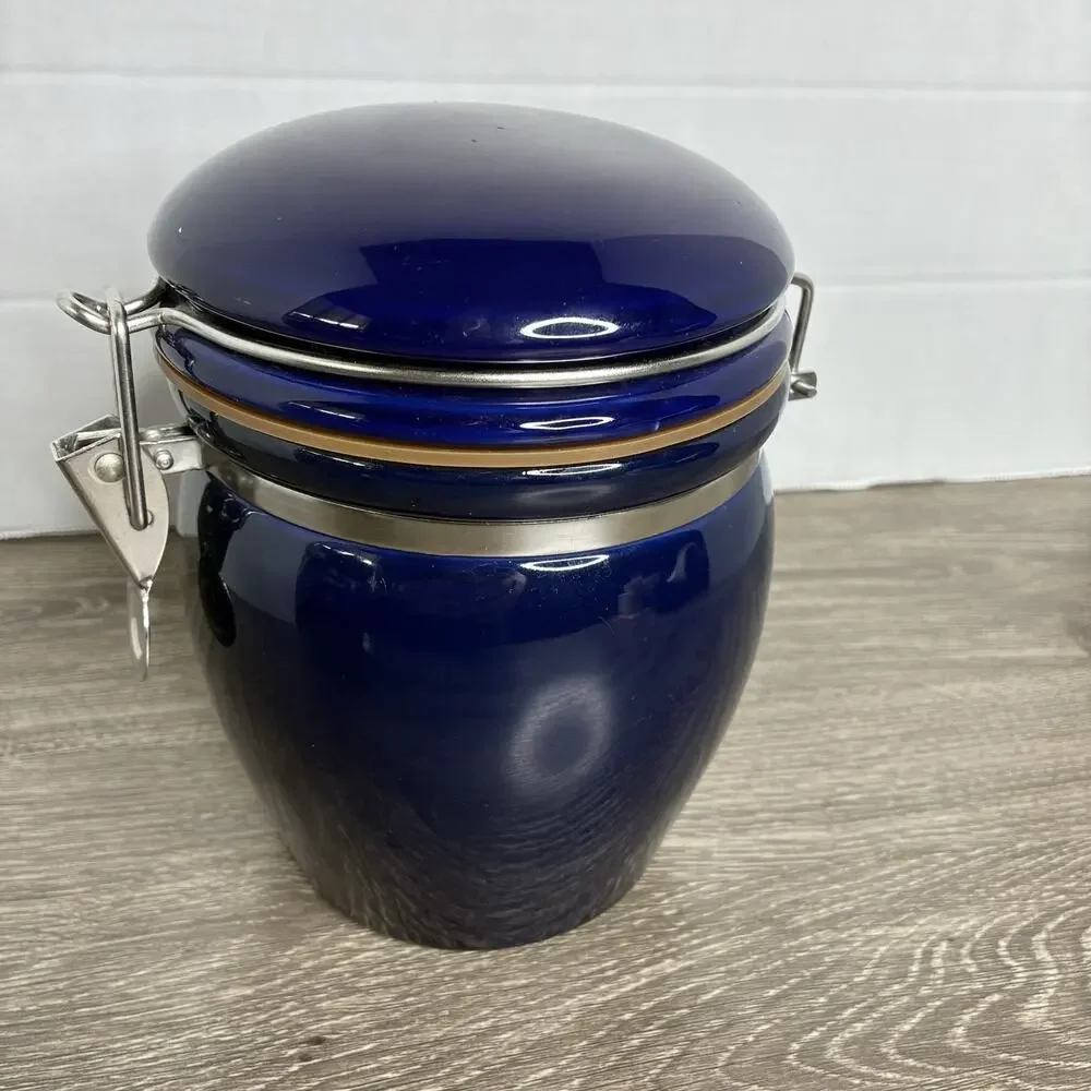 Starbucks Coffee Storage Canister Cobalt Blue Silver Script Logo Jar
